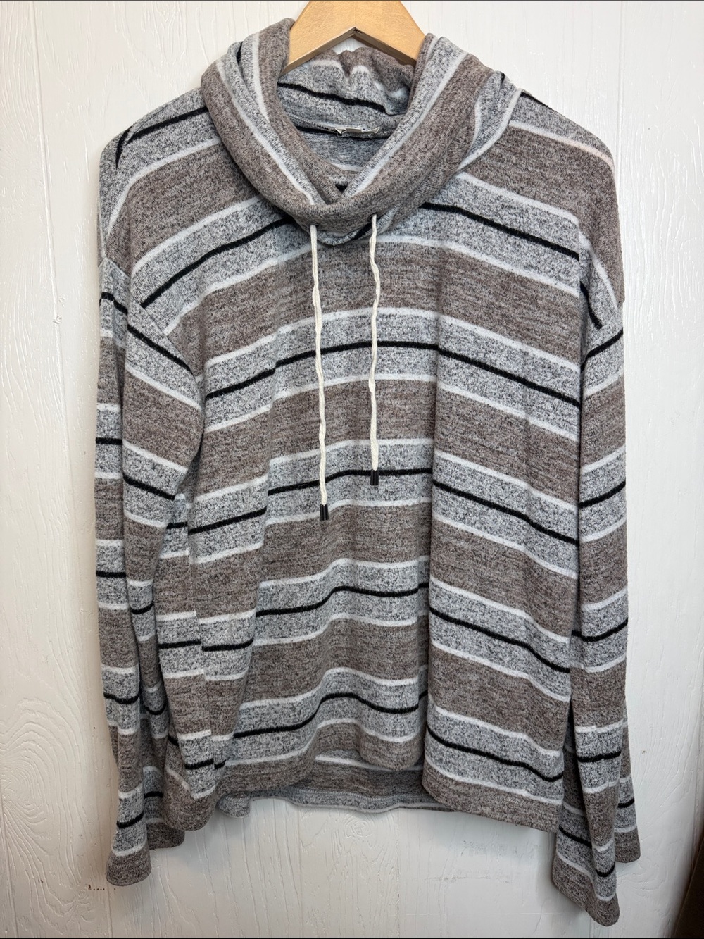 BKE Striped Cowl Neck Top in Brown, Gray & Black M